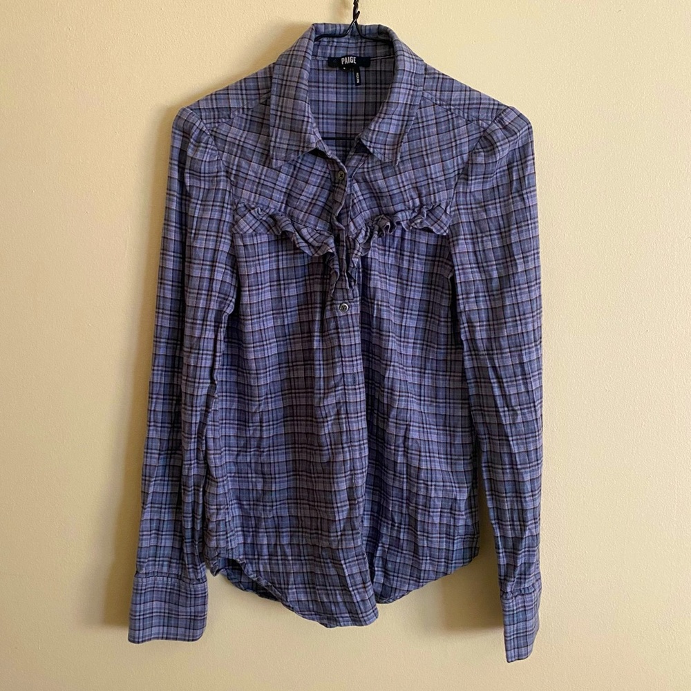 Paige size Small blue plaid flannel with ruffle detail